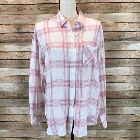 Rails Size M Medium Charli Linen Blend Plaid Button Down in White Rouge Sand - Picture 1 of 6